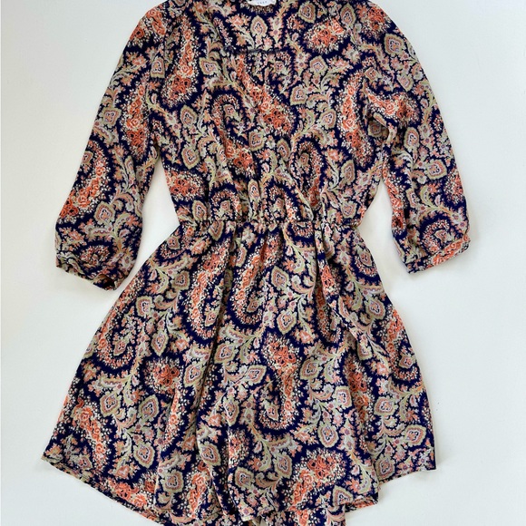 Lush Womens Navy Peach Paisley Print Wrap Mini Dress Flare 3/4 Sleeve Size Small - Picture 2 of 13